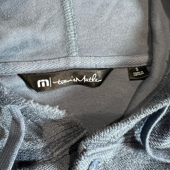 Travis Mathew Size Small Cotton Blend Hooded Blue Button Front Sweater Golf EUC - Picture 6 of 12